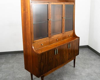 Mid Century Modern China Cabinet Hutch Walnut Kroehler Credenza Display Glass