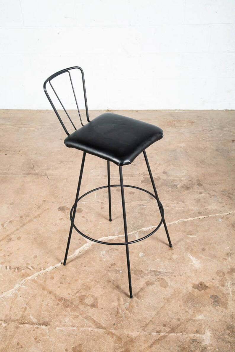 Mid Century Modern Bar Stool Black Metal Back 36.5 High Chair Mcm Round Vintage image 1