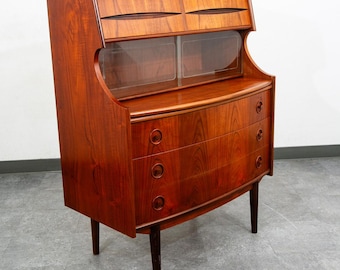 Mid Century Danish Modern Secretary Desk Teak Drawers Office Vintage Glass Door
