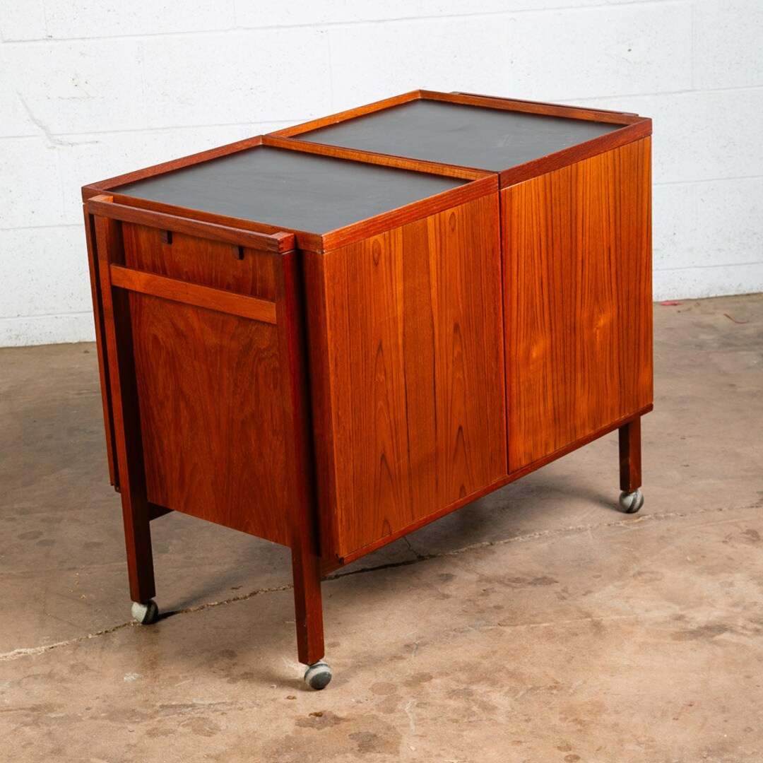 Mid Century Modern Serving Bar Cart Teak Black Niels Erik Jensen Liquor
