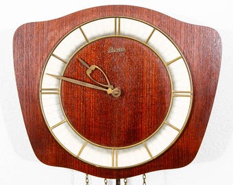 Mid Century Modern Wall Clock Teak Pendulum Weights 10 Jewel Denmark Chime