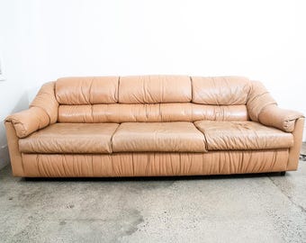 Mid Century Modern Soffa 3-sits Läder Naturbrunt Träben Vintage VG-sits