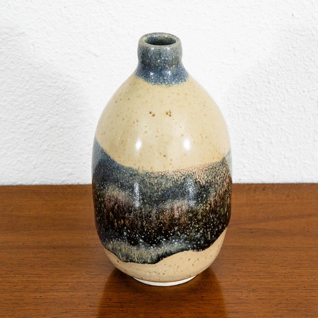 Mid Century Modern Studio Pottery Vase Blue and Tan Round Vintage - Etsy