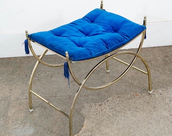Mid Century Modern Vanity Stool Gold Frame Legs Blue Metal Vintage Bathroom Seat