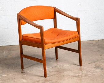 Mid Century Modern Lounge Chair Walnut Arms Orange Tufted Work Armchair Vintage