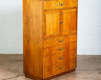 Mid Century Modern Highboy Dresser Founders Oak Brass Tall 5 Drawer Vintage Wood