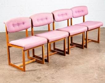 Mid Century Danish Modern Dining Chairs Set 4 Art Furn Oak Wood Pink Tufted