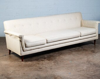 Mid Century Danish Modern Settee Sofa Denmark Solid Teak Wool Tweed Cream White