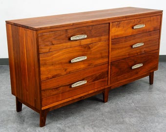 Mid Century Modern Credenza Dresser 6 Drawer Ace Hi Solid Walnut Brass Handles