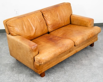 Mid Century Danish Modern Sofa Settee 2 Seater Tan Vante Leather Cognac Couch