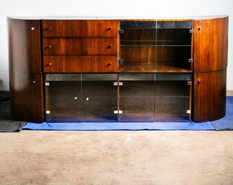 Mid Century Modern Wall Unit Cabinet Glass Shelves Chrome Rosewood Milo Baughman