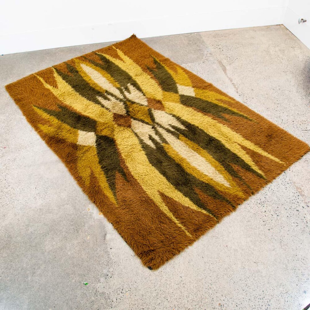 Mid Century Modern Rya Rug Abstract Brown, Green, and Yellows Area ...