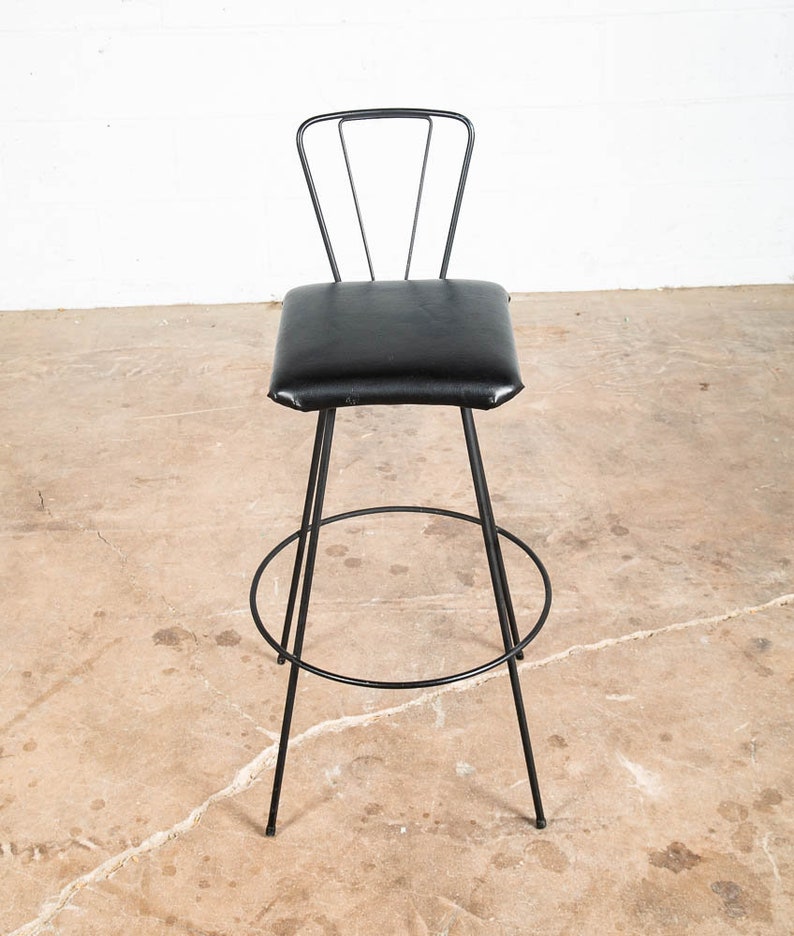 Mid Century Modern Bar Stool Black Metal Back 36.5 High Chair Mcm Round Vintage image 9