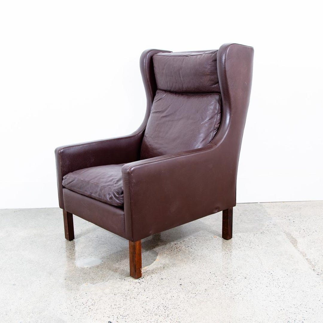 Mid Century Danish Modern Lounge Chair Wingback Brown Leather High