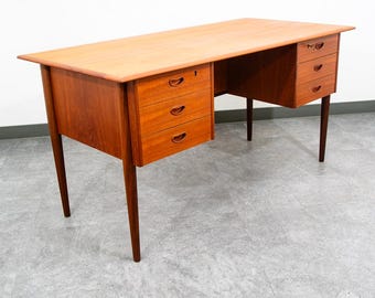 Mid Century Danish Modern Desk Executive Teak 6 Drawer Bookshelf Floating Doors
