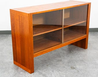 Mid Century Danish Modern Bookshelf Cabinet Teak Shelves Glass Shelves 30" Mcm