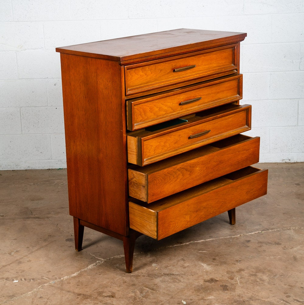 Mid Century Modern Dresser Highboy Dixie Walnut 5 Drawer Wood