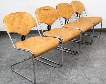 Mid Century Danish Modern Dining Chairs Set 5 Tan Leather Sam Larsson Dux Metal