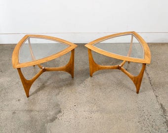 Mid Century Modern Cocktail Table Set Side End Round Glass Triangular Lane Pair