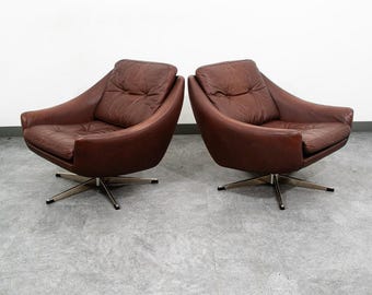 Mid Century Danish Modern Lounge Chairs Swivel Brown Leather Armchair Vintage VG
