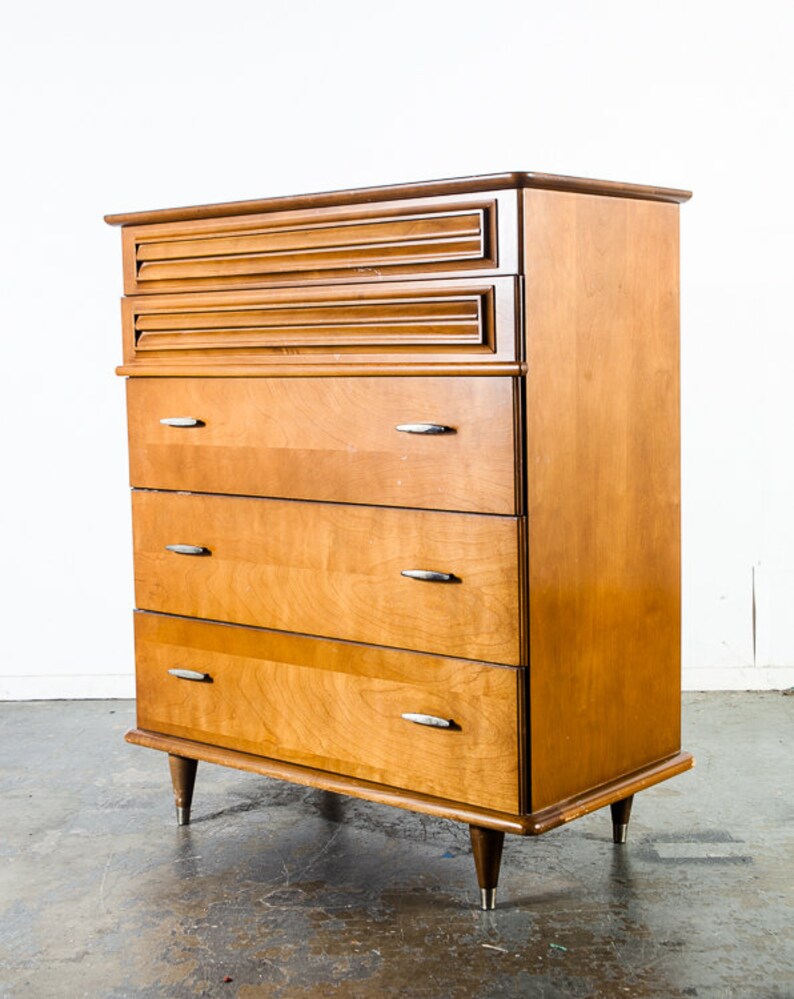 Mid Century Modern Highboy Dresser Tall Solid Wood 5 Drawer Vintage Lane Drexel Minimalist Lighter Wood 50s Styling Bedroom Storage