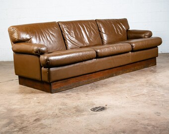 Mid Century Modern Sofa Couch Brown Leather 70s 80s Platform Vintage Arms Plush