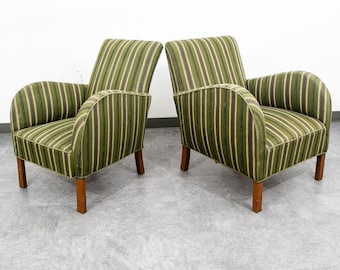 Mid Century Danish Modern Lounge Chairs Pair Set Stripes Green Club Vintage Mcm