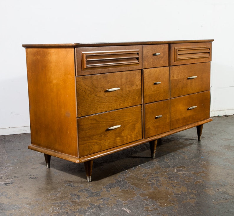 Mid Century Modern Dresser Credenza Low Solid Wood 9 Drawer