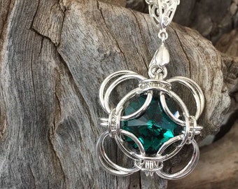 Handmade Larissa© Chainmaille Pendant --  Emerald Green 18mm Swarovski Crystal