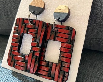 Kota-Kai Lightweight Leather Contemporary Statement Earrings with Wood & Resin