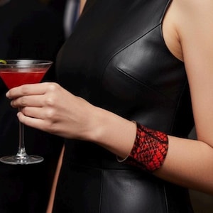 Red & Black Python Leather Cuff Bracelet — Exotic, Italian Snakeskin, Gold-lined, Adjustable, 2”