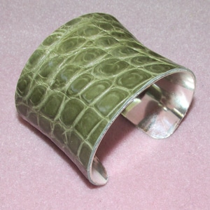 Exotic 2&quot;  Cuff Bracelet for Women -- Green Reptile & Silver