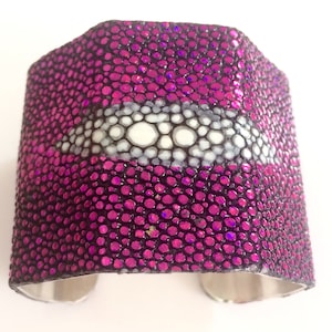 Exotic Magenta Pink 2&quot; Geometric Cuff Bracelet for Women -- Stingray Shagreen & Silver