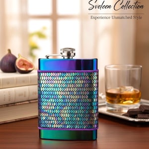 8 oz Genuine Leather-wrapped Hip Flask Rainbow Ion Anodized Stainless Steel -- Iridescent Mermaid Motif