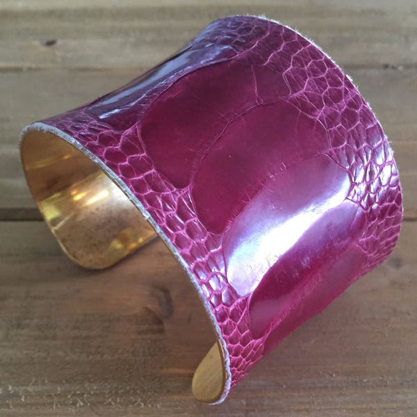 Exotic Gold-lined Cuff Bracelet for Women -- Genuine Mulberry Ostrich