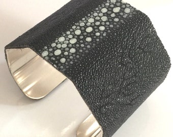 Exotic Black 2" Geometric Cuff Bracelet for Women -- Stingray Shagreen & Silver