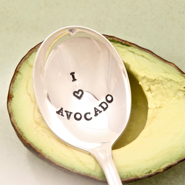 I Love Avocado Spoon - Vintage hand stamped silverplate flatware - Stocking Stuffer Christmas Gift For Him Her Son Dad Mom - Guacamole Lover