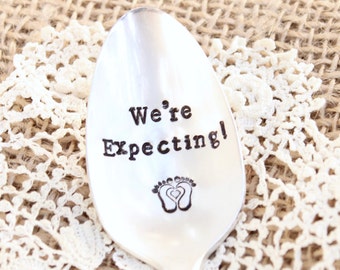 We're Expecting Spoon - Pregnancy Gift - Message Dessert Cake Dinner Fork Spoon - New baby Mom  - Vintage Silver Plated - Announcement