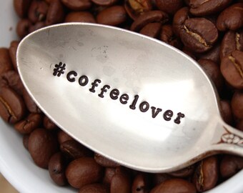 Coffee Lover Spoon - Hashtag Instagram Vintage Silver Plated  - Stocking stuffer - Gift - Hand Stamped