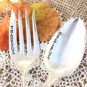 Holiday Serving Set - Thankful Grateful - Thanksgiving Christmas Easter - Hand Stamped  Table Silver Ornate Spoon Fork Hostess Gift Gather