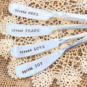 Spreader Set - Hand Stamped - Love Peace Hope Joy - Four (4) - Vintage Silver Plated Silverware - Butter Cheese Peanut Knife Knives Party