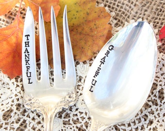 Holiday Serving Set - Thankful Grateful - Thanksgiving Christmas Easter - Hand Stamped  Table Silver Ornate Spoon Fork Hostess Gift Gather