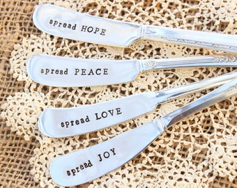 Spreader Set - Hand Stamped - Love Peace Hope Joy - Four (4) - Vintage Silver Plated Silverware - Butter Cheese Peanut Knife Knives Party