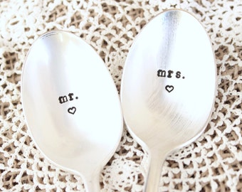 mr. and mrs. Spoon Set - Wedding Anniversary Couples Gift - His Hers Bride Groom - Handstamped Vintage Silver Coffee Tea Soup Keepsake
