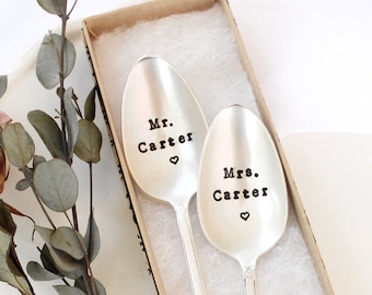Custom Mr Mrs Last Name Spoon Set - Handstamped Spoons - Mr. Mrs. - Wedding Anniversary Keepsake Personalized Vintage Silverware Tablespoon