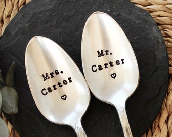 Mr Mrs Custom Last Name Coffee Spoon Set - Handstamped Spoons - Mr. Mrs. - Anniversary Keepsake Personalised Dessert Silverware Bar Barware