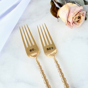 GOLD Custom Wedding Day Forks - Handstamped Name Date - Mr. Mrs. Bride Groom I Do Me Too - Vintage Silverplate - Gift Box Limited Rare Spoon