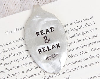 Read and Relax Bookmark - Handstamped Spoon - Book Lover Bookworm Book Mark - Gifts for her - Hand Stamped Custom - Stocking stuffer