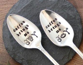Coffee Brings Me Joy Spoon - Teaspoon Long Handled Tall Latte Travel To Go Mug Cup Handstamped Vintage Silverware Gifts for Her Christmas