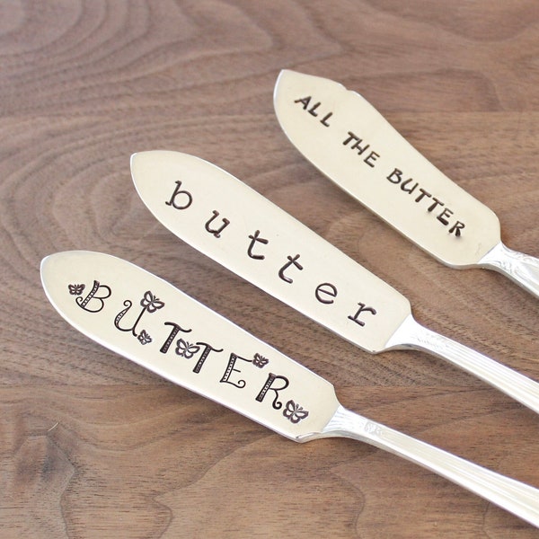 Butter Spreader Funny Quote Butterflies Flies Toast Lover Handstamped Vintage Silverware Charcuterie Board Peanut Knife Party Hostess Gift